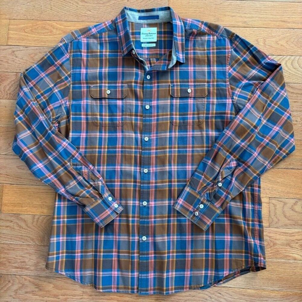 Tommy‎ Bahama Island Modern Fit Button-Down Shirt Mens XL Plaid Brown Blue Pink